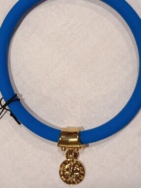 Marc Jacobs Blue Silicone Bangle Bracelet with Goldtone Accent Logo Charm